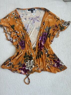 Fashion Nova Mustard Floral Tie-Front Blouse